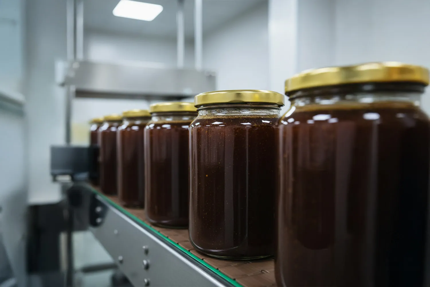 Pekmez kavanozları dolum bandında